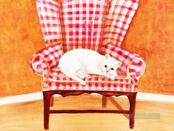 動物 Painting - 椅子に座る白猫